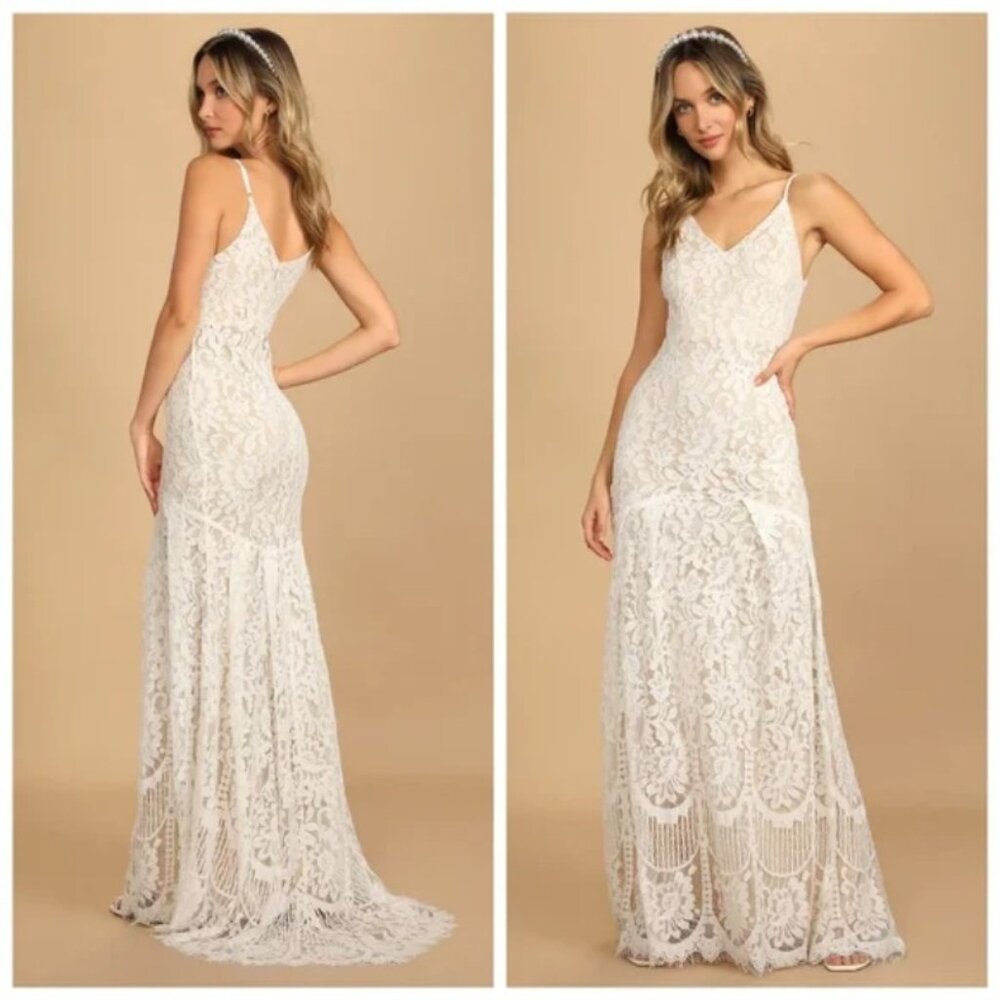 NWT LULUS FLYNN White Lace Maxi Dress, Wedding, Elopment or prom